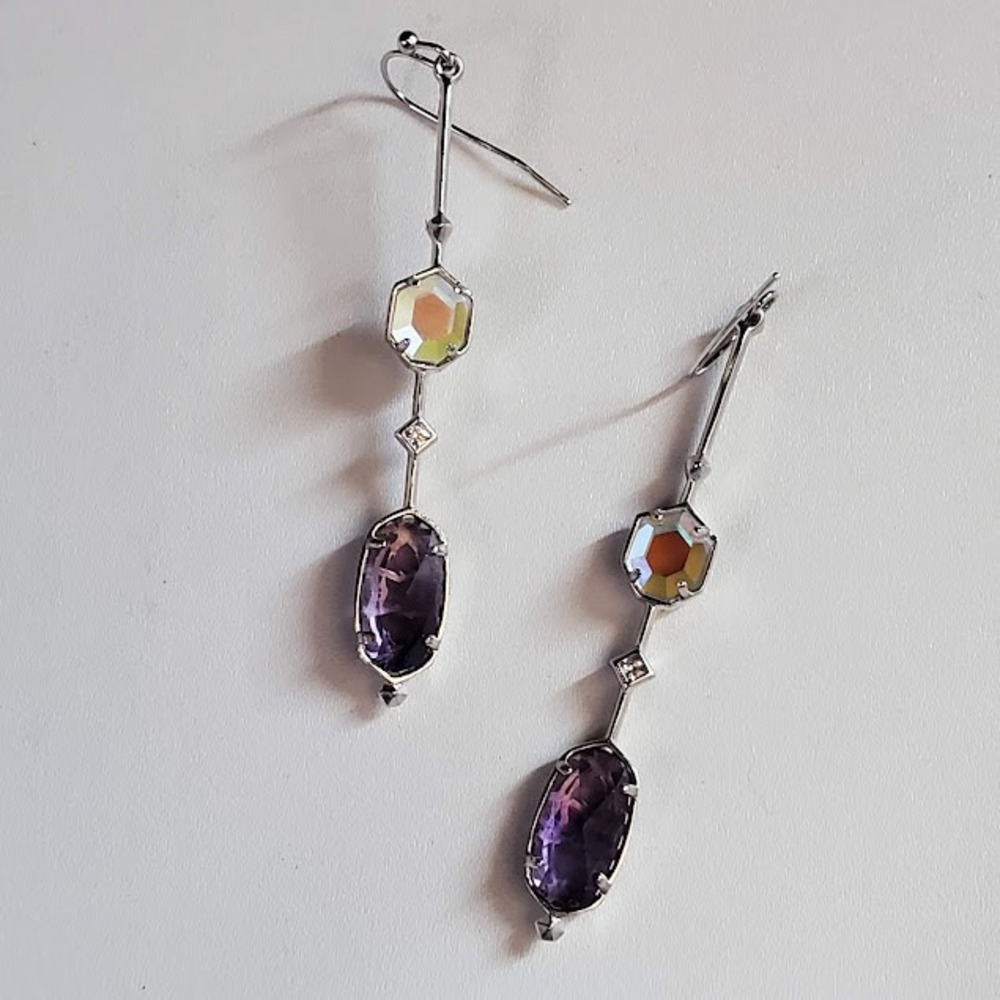 Kendra Scott Silver Tone Purple Amethyst Iridescent Crystal Drop Dangle Earrings - Picture 3 of 7
